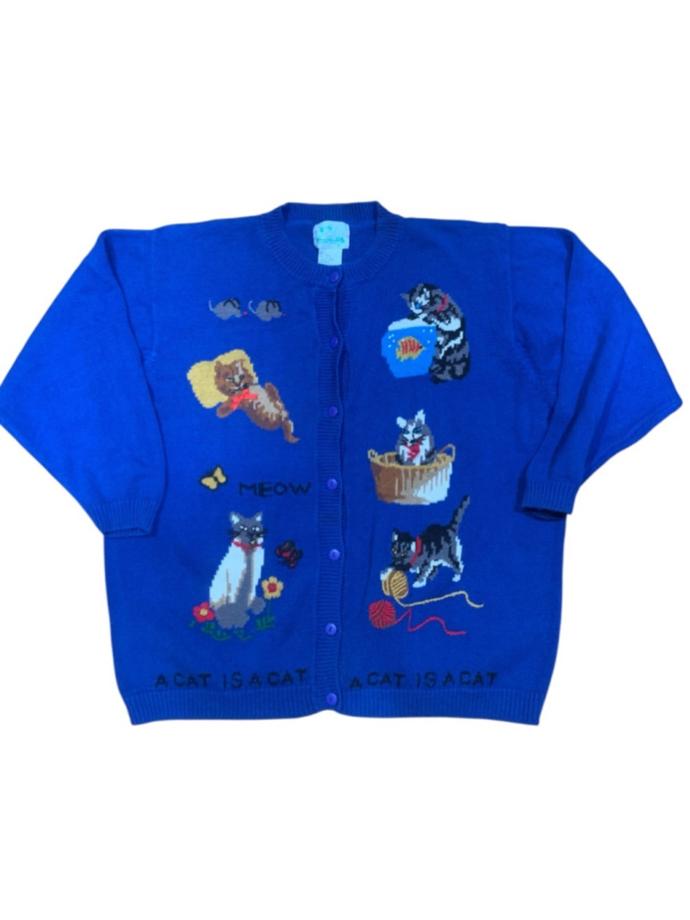 Vtg Y2K Women's cotton blend Quacker Factory Cat Print Cardigan Sweater, Size 3X